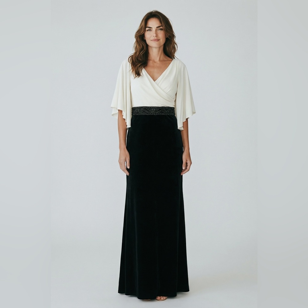 Adrianna Papell Ivory Wrap Bodice with Black Maxi Skirt